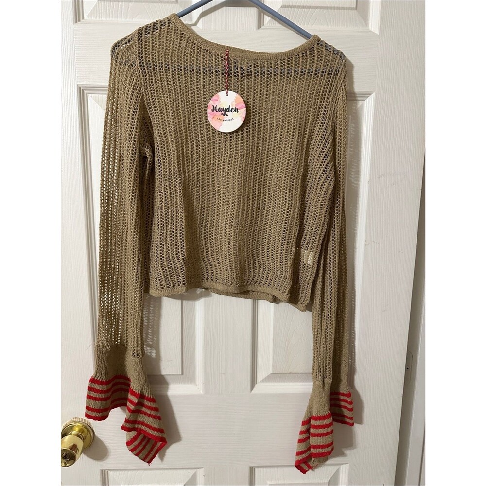 Hayden Tan Open-Knit Sweater with Red-Striped Bell Cuffs